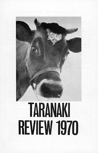 Catalogue cover featuring a black and white photo of a cow and text Taranaki Review 1970.