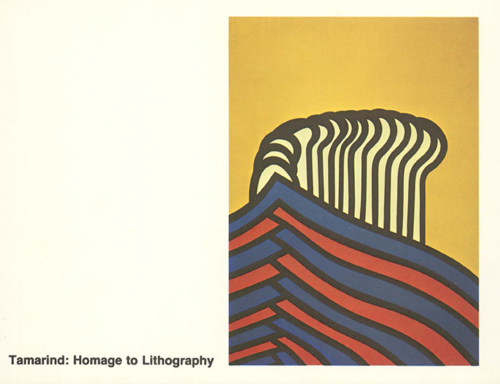 Catalogue cover with text 'Tamarind: Homage to Lithography' and a colourful abstract printed form at right.