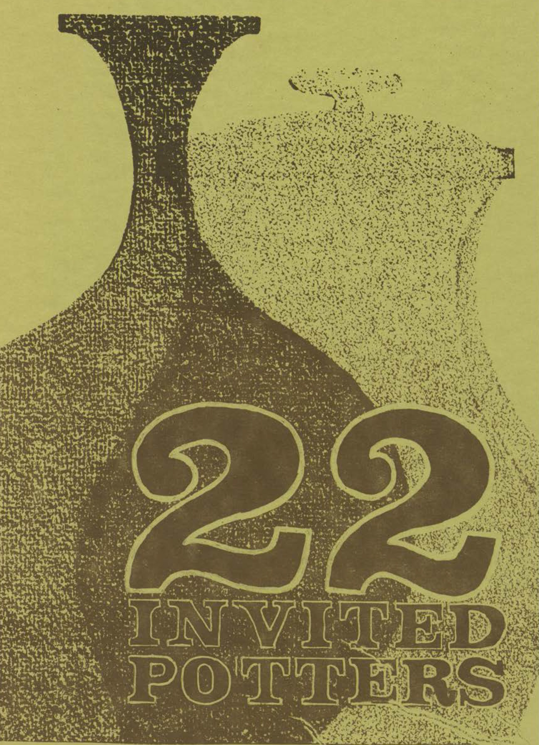 Catalogue cover featuring an abstract print of two pots, and text 22 invited potters, in brown on a yellow background.