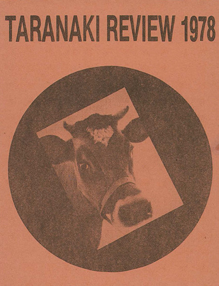 Catalogue cover with text Taranaki Review 1978, and a cow image, on terracotta coloured background