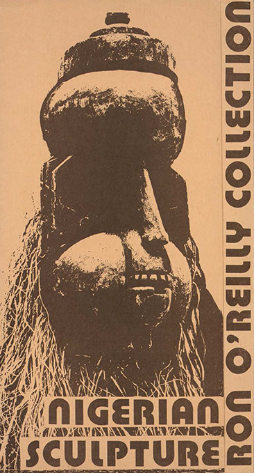 Exhibition catalogue cover featuring a monochromatic mask image and stylised text with exhibition title