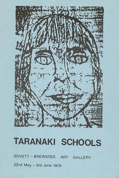 Catalogue cover with black drawing of a child's face on blue background, text stating Taranaki Schools.